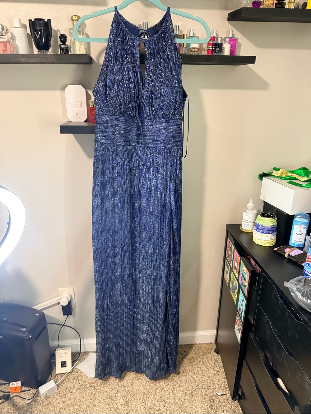 R&M Richards Navy Metallic Halter Maxi Dress